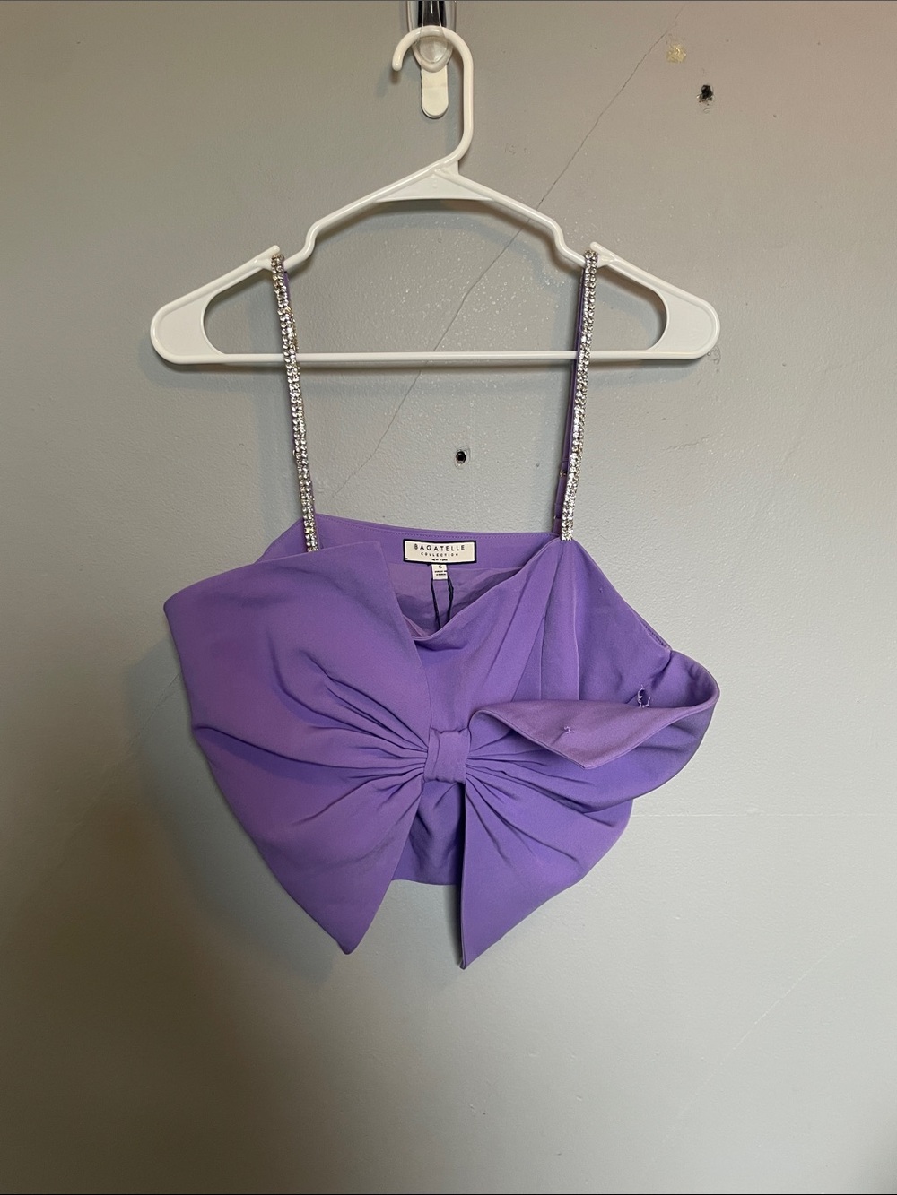 NWT Bagatelle Size 6 purple bow rhinestone straps crop top NEEDS REPAIRED